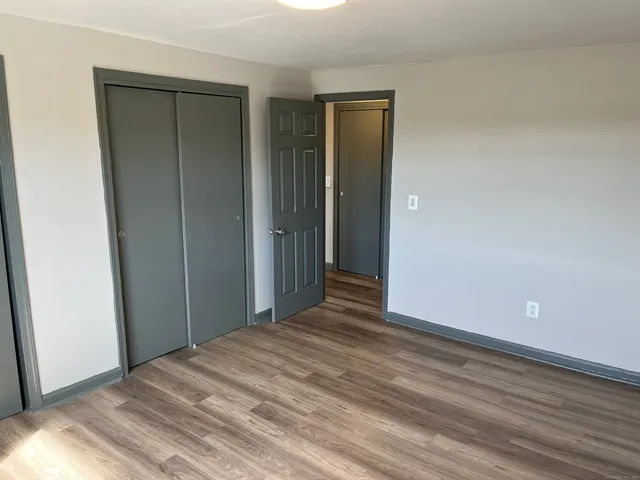 a view of a room with wooden floor and closet
