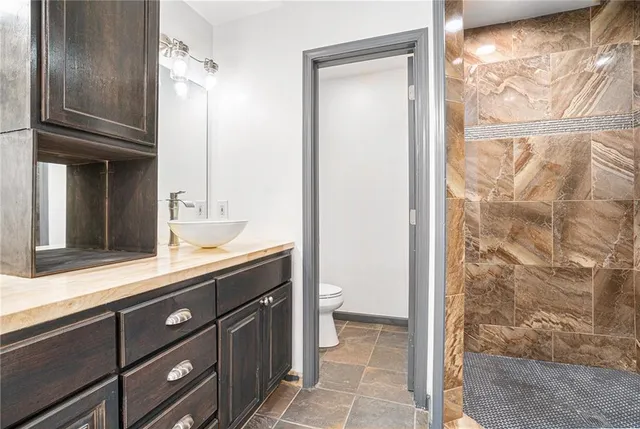 a bathroom with a granite countertop sink a mirror and a shower