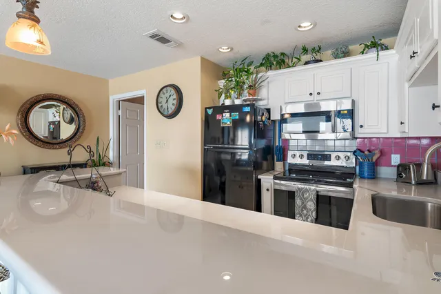 a kitchen with stainless steel appliances granite countertop a refrigerator a stove and a sink with dishwasher