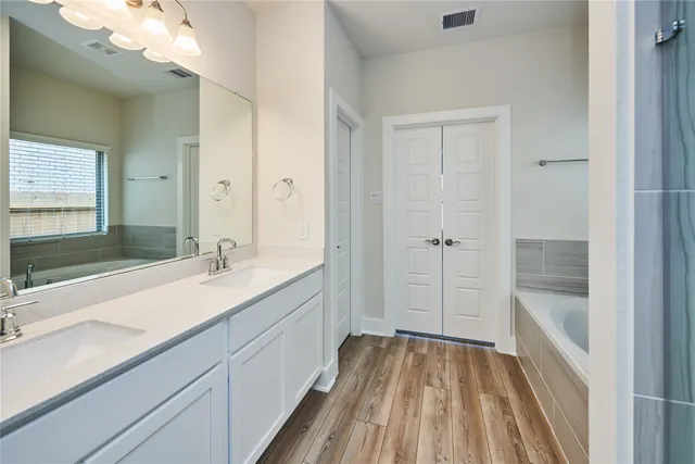a view of bathroom with a sink mirror and shower