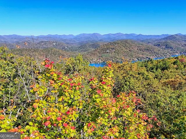 a view of a town with mountains in the background