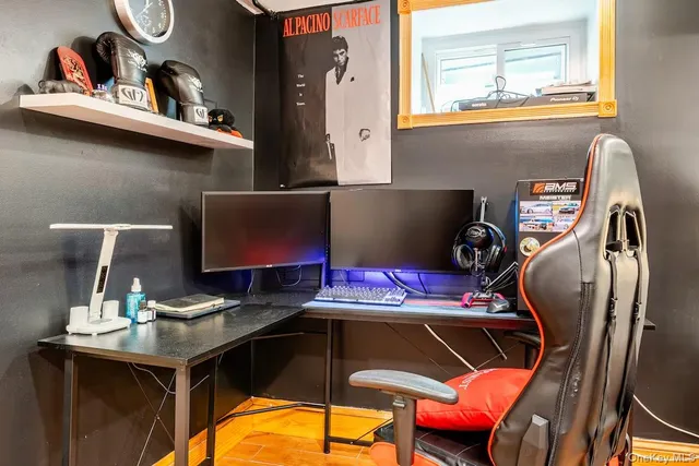 a workspace with furniture and window