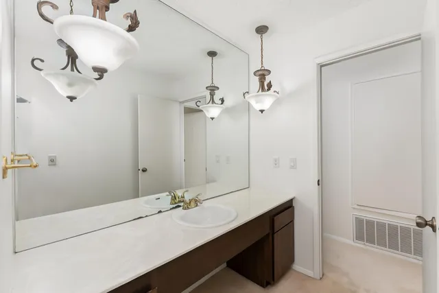 a bathroom with a double vanity sink a mirror and shower