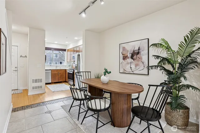 a view of a dining room with furniture
