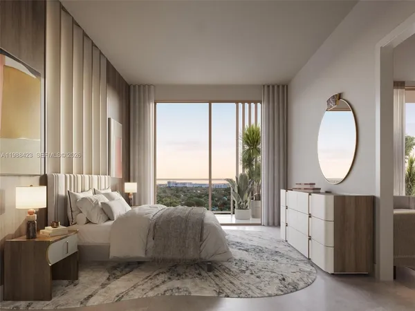 a living room with furniture large window and a mirror
