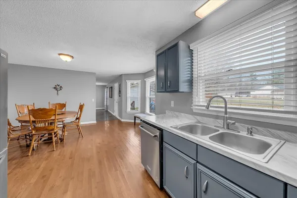 a kitchen with a sink cabinets and wooden floor