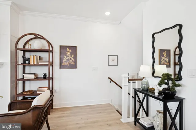 a workspace with chandelier