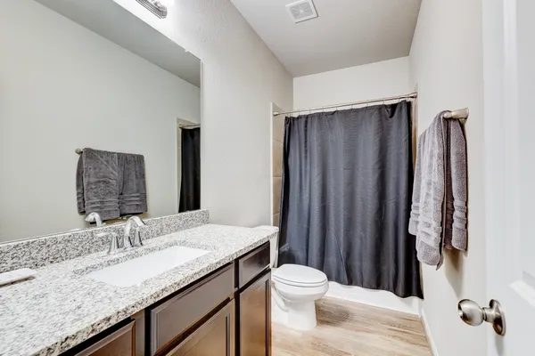 a bathroom with a granite countertop sink toilet and shower