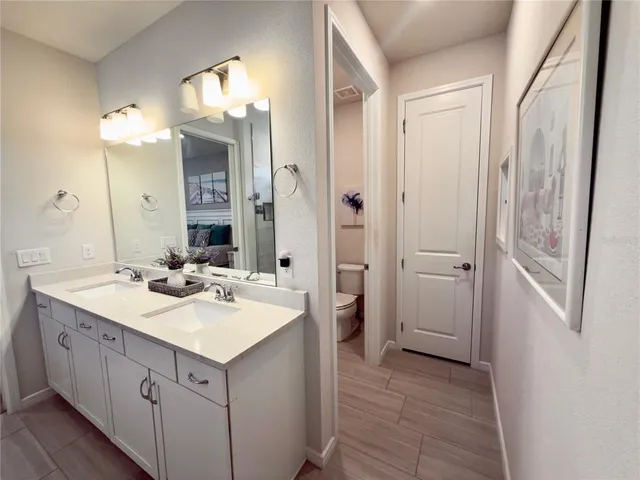 a bathroom with a sink vanity and a mirror