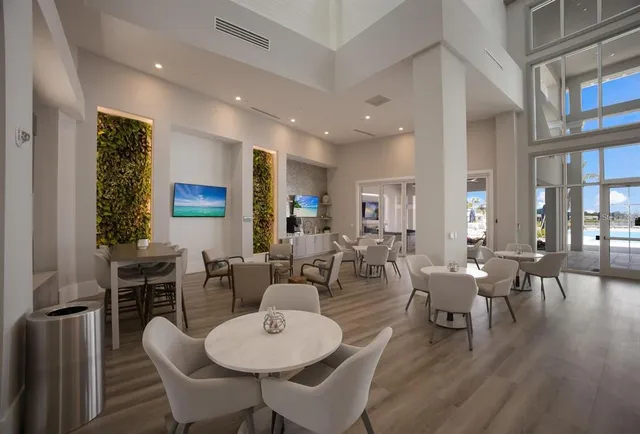 a view of a dining room with furniture