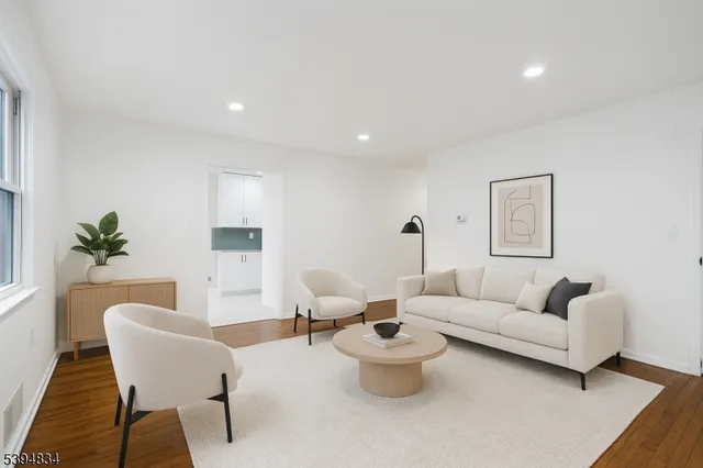 a living room with furniture and a potted plant