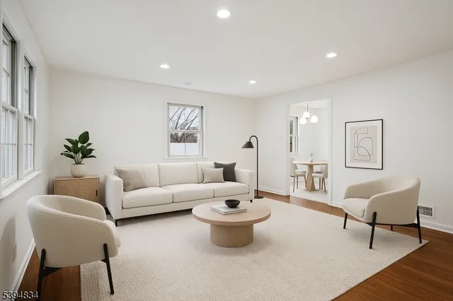 a living room with furniture and a potted plant