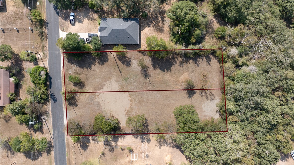 an aerial view of a house with a yard and large trees