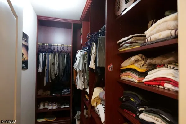 a view of walk in closet with clothes and shoes