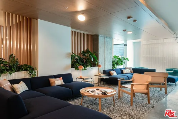 a living room with furniture potted plant and a window