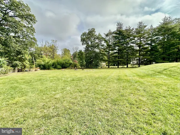 a view of a green field with trees in the background