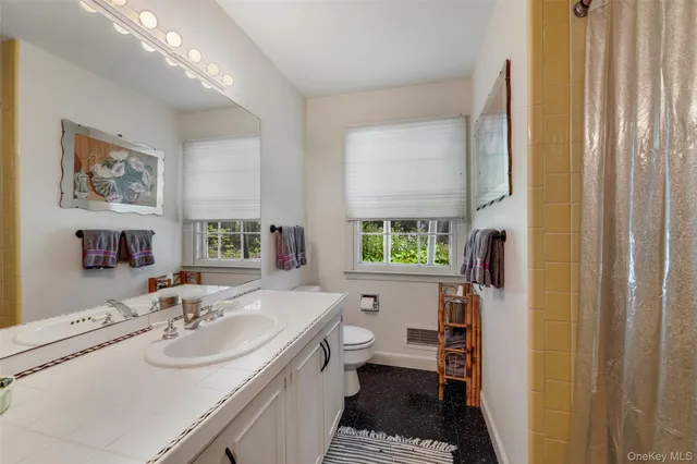 a bathroom with a sink a toilet and a mirror