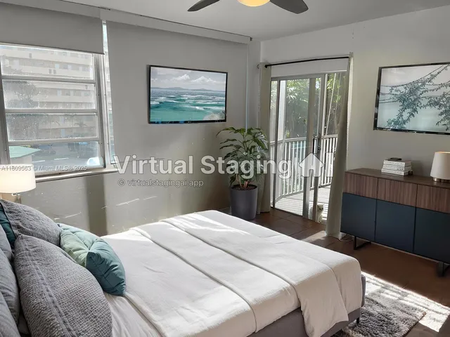 a bedroom with a balcony a bed and a painting on the wall