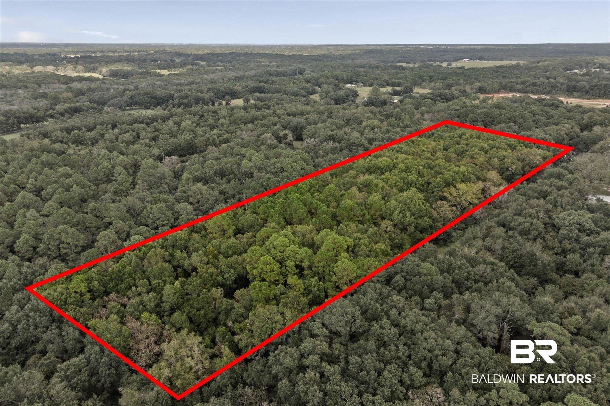 0 Dick Turner Road Grand Bay, AL 36541 - Photo 3 of 13 Aerial overview of property's location featuring property boundaries highlighted and a heavily wooded area