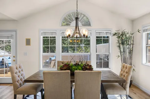 a view of a dining room with furniture window and wooden floor