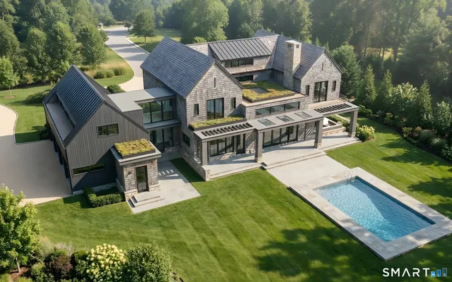 a aerial view of a house with a yard