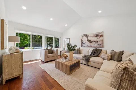 a living room with furniture a dining table and a potted plant