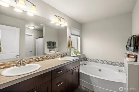 a bathroom with a tub double vanity sink and mirror