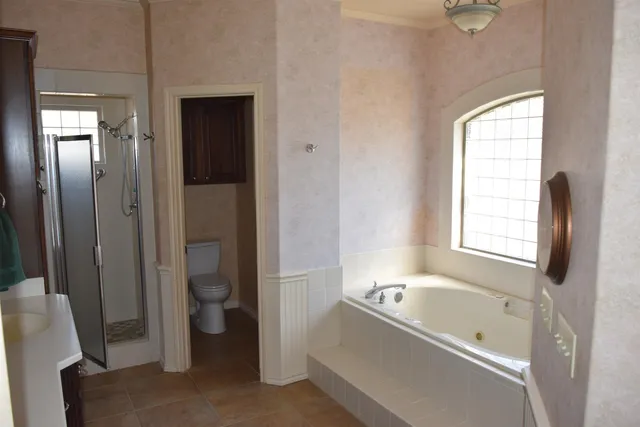 a bathroom with a tub toilet and a shower