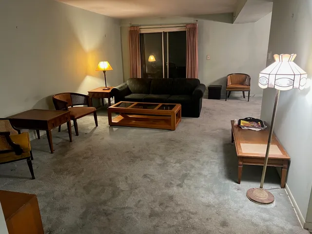 a living room with furniture a lamp and a fireplace