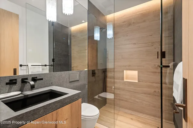 a bathroom with a sink a toilet and shower