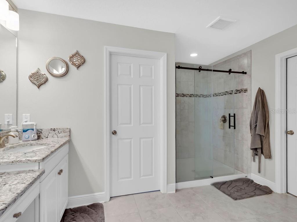 7406 Sweeter Tide Trail Wesley Chapel, FL 33545 - Photo 34 of 74 a bathroom with a granite countertop sink a mirror and shower