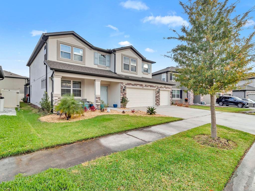 7406 Sweeter Tide Trail Wesley Chapel, FL 33545 - Photo 4 of 74 a front view of a house with a yard and potted plants