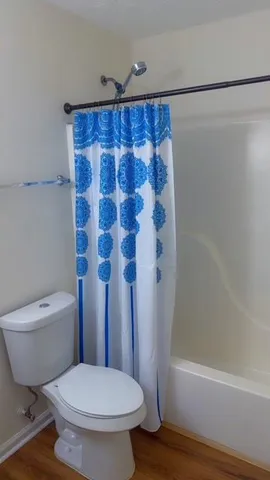 a bathroom with a toilet and a shower