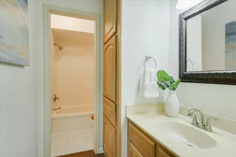 a bathroom with a sink and a mirror