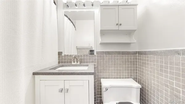 a bathroom with a sink a toilet and a mirror