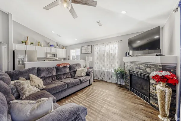 a living room with furniture or flat screen tv and a fireplace