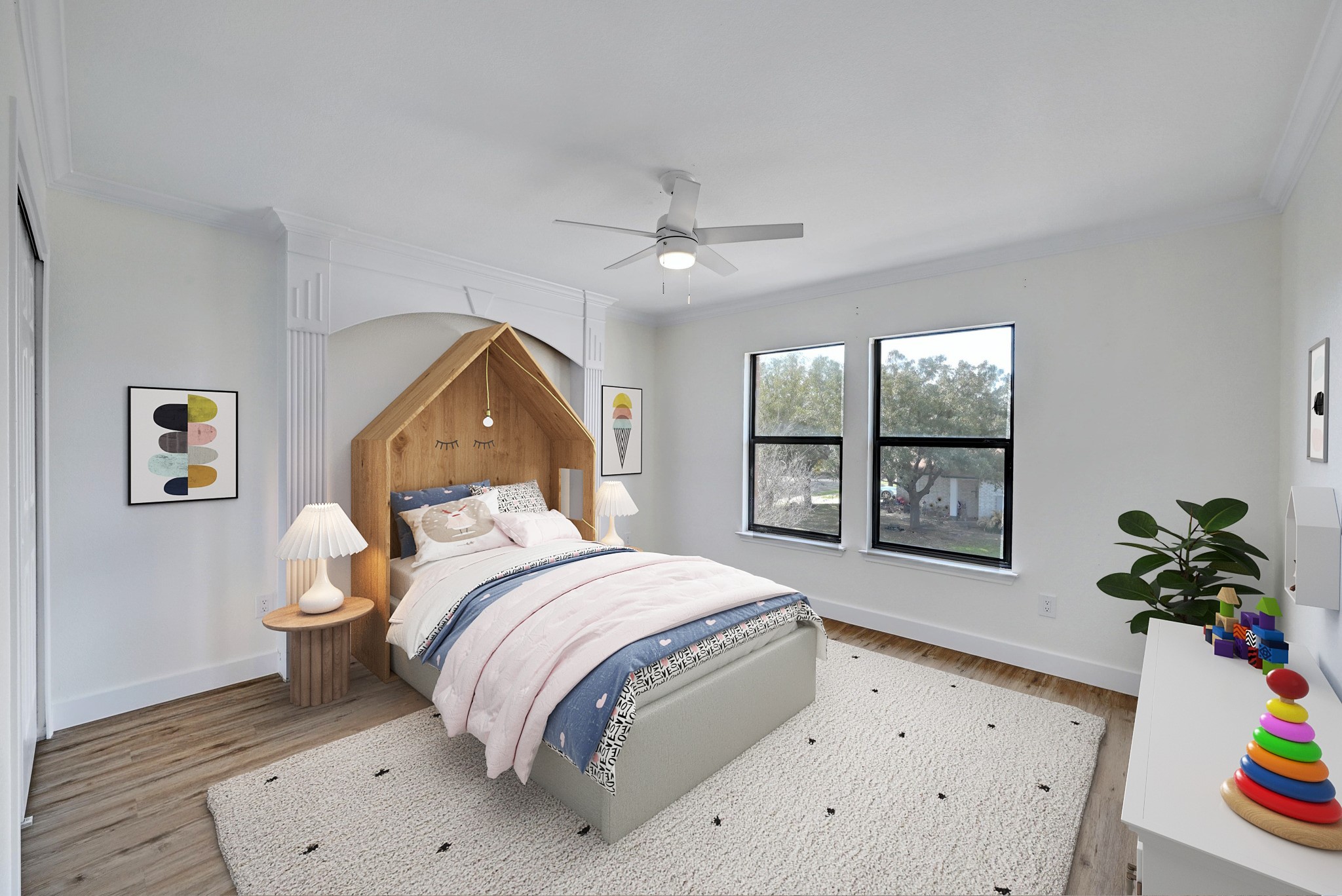 7413 L Marble Ridge Drive Austin, TX 78747 - Photo 18 of 30 Bright room featuring wood-finish flooring, white walls, and a ceiling fan with integrated lighting