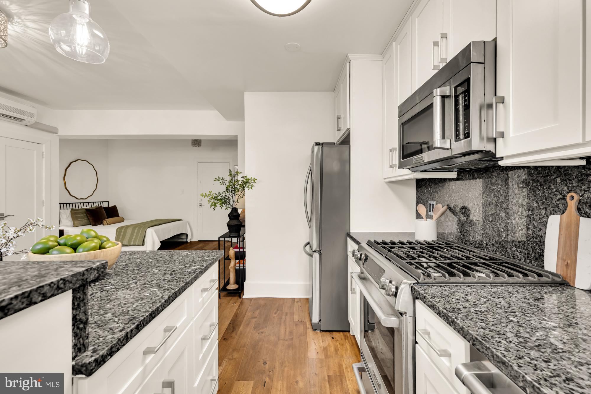 1910 Kalorama Road Northwest, Unit 302 Washington, DC 20009 - Photo 15 of 28 a kitchen with stainless steel appliances granite countertop a stove a refrigerator a sink dishwasher with wooden cabinets and floor