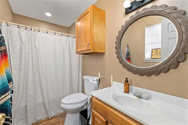 a bathroom with a sink a toilet and a mirror