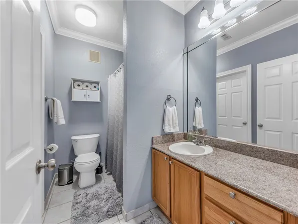 a bathroom with a granite countertop sink a toilet and a mirror