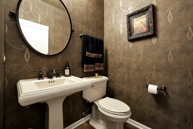 a bathroom with a toilet a sink and mirror