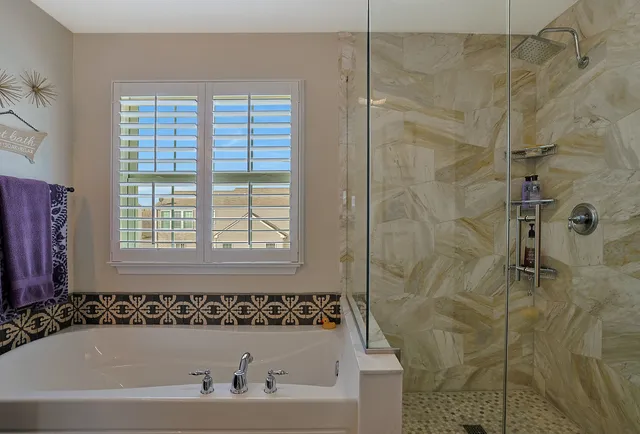 a bathroom with a bathtub and a shower