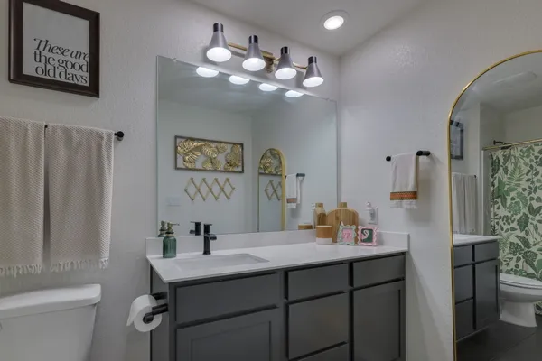 a bathroom with a sink a toilet and a mirror
