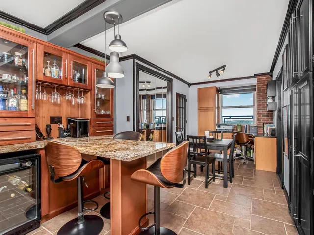 a view of a dining room with furniture