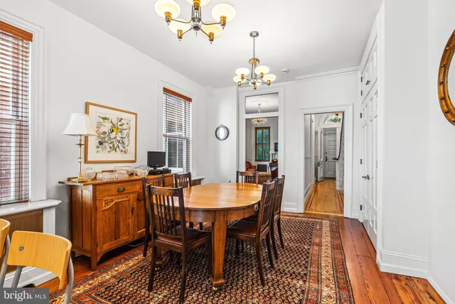 a view of a dining room with furniture
