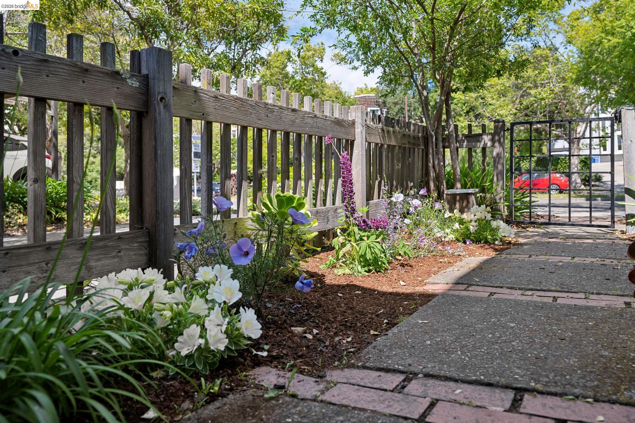 1340 Henry Street Berkeley, CA 94709 - Photo 51 of 52 Front yard featuring a weathered wood picket fence and a wrought iron gate