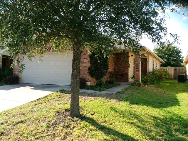 a backyard of a house with plants and large tree