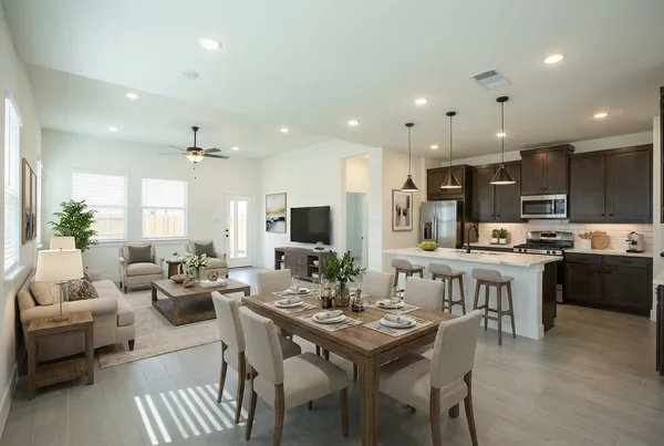 a kitchen with stainless steel appliances kitchen island granite countertop a stove a sink a dining table and chairs