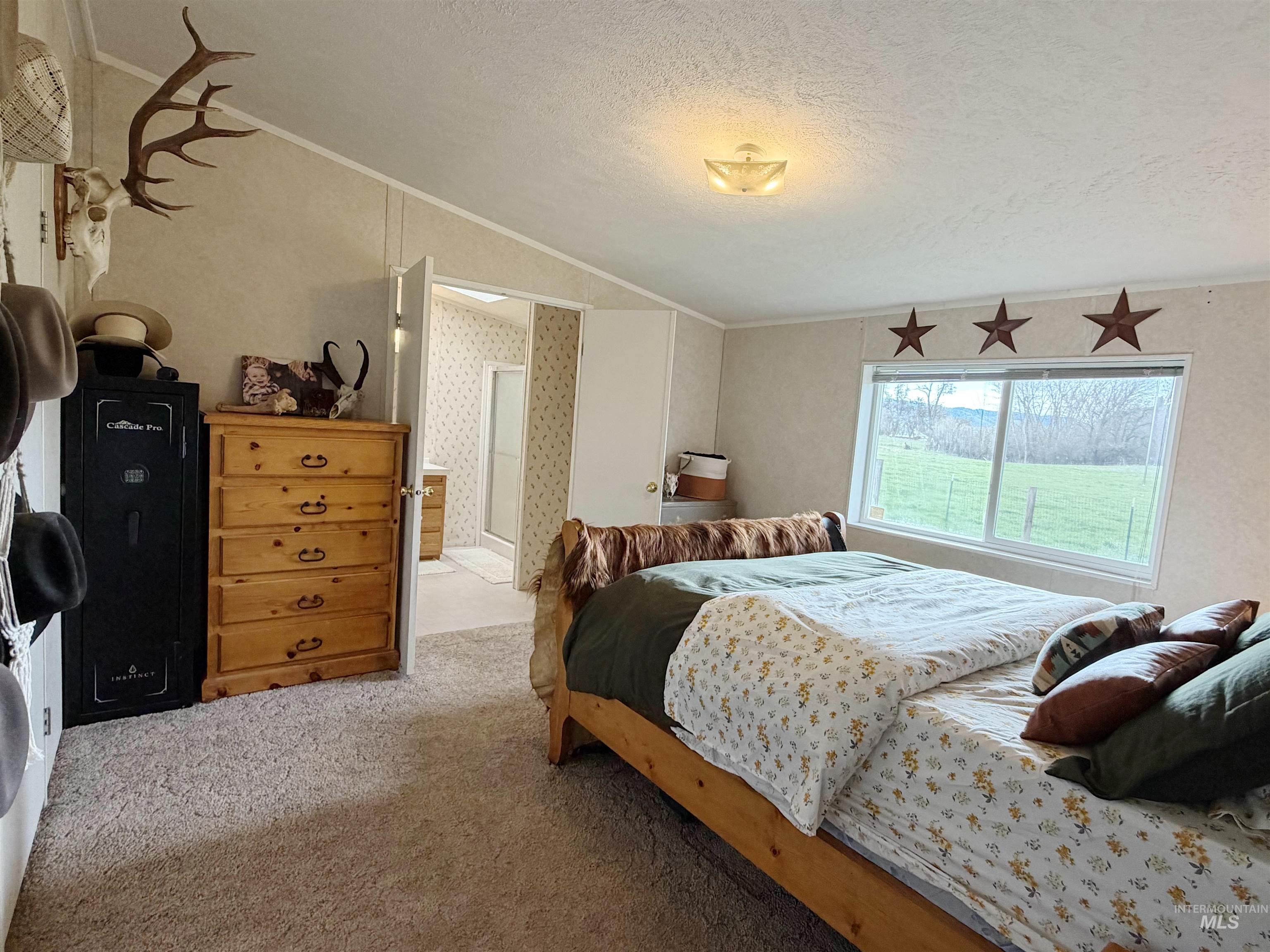 2605 West Frk Road Council, ID 83612 - Photo 23 of 34 Bedroom featuring light colored carpet, crown molding, wallpapered walls, and ensuite bathroom