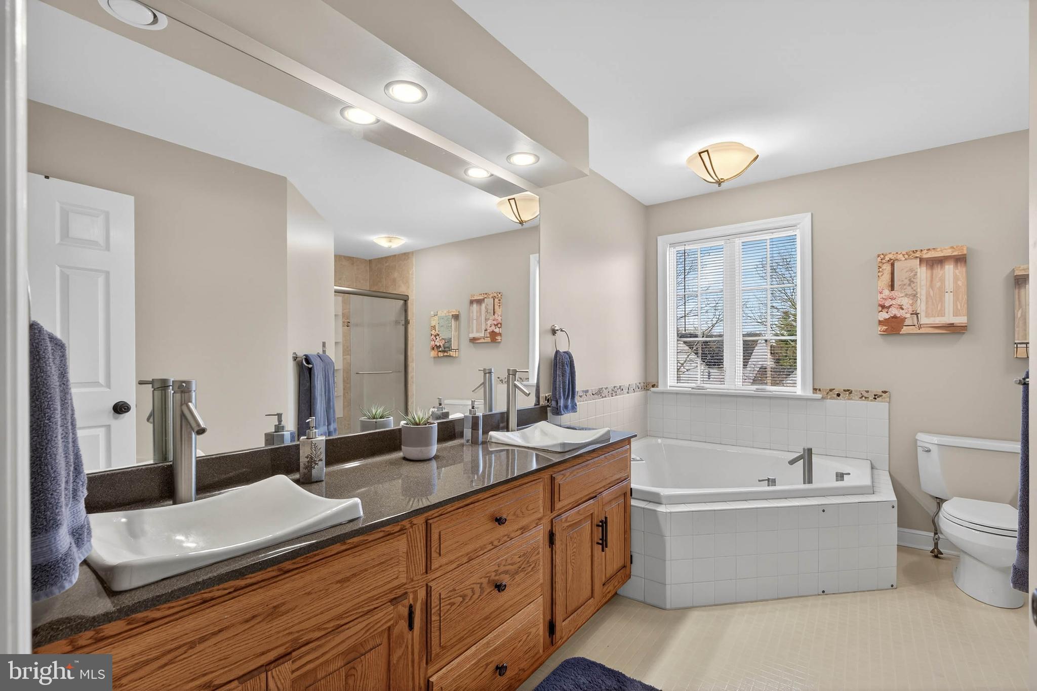 35 Old Post Lane Lititz, PA 17543 - Photo 35 of 61 a bathroom with a granite countertop double vanity sink a mirror and a bathtub